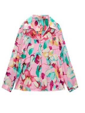 Zara Pink Multicolor Floral Satin-Effect Blouse